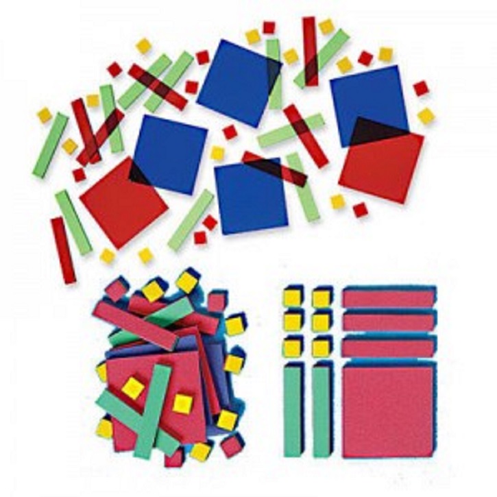 Picture of strips of paper, squares, skinny rectangles, and large rectangles showing math principles
